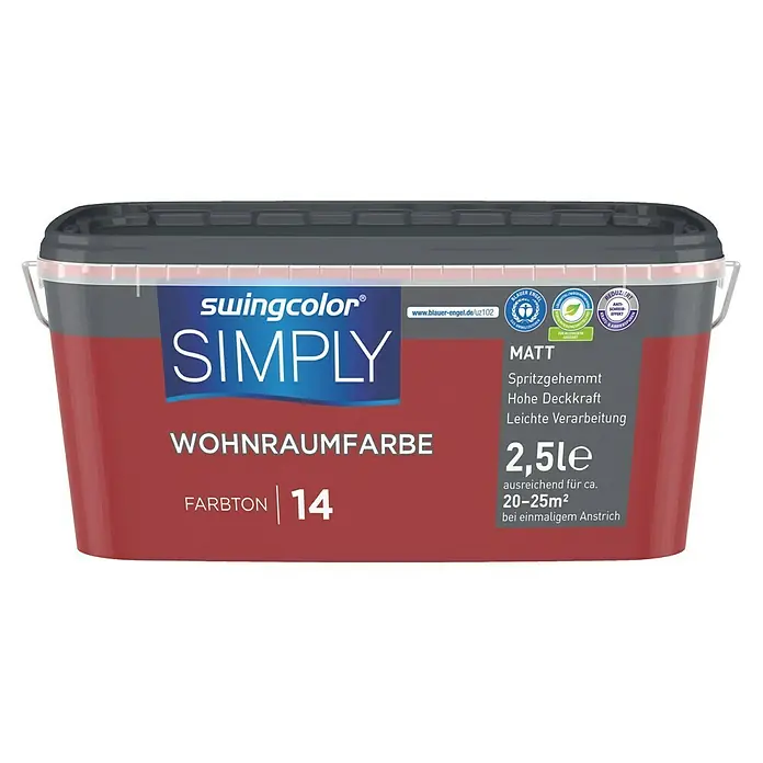 swingcolor Wandfarbe SIMPLY - Rot - Nr. 14, 2,5 l - Dose Swingcolor Simply Wohnraumfarbe, Farbton 14, matt, mit 2,5 Litern Inhalt, ideal für Innenräume und einfache Verarbeitung.