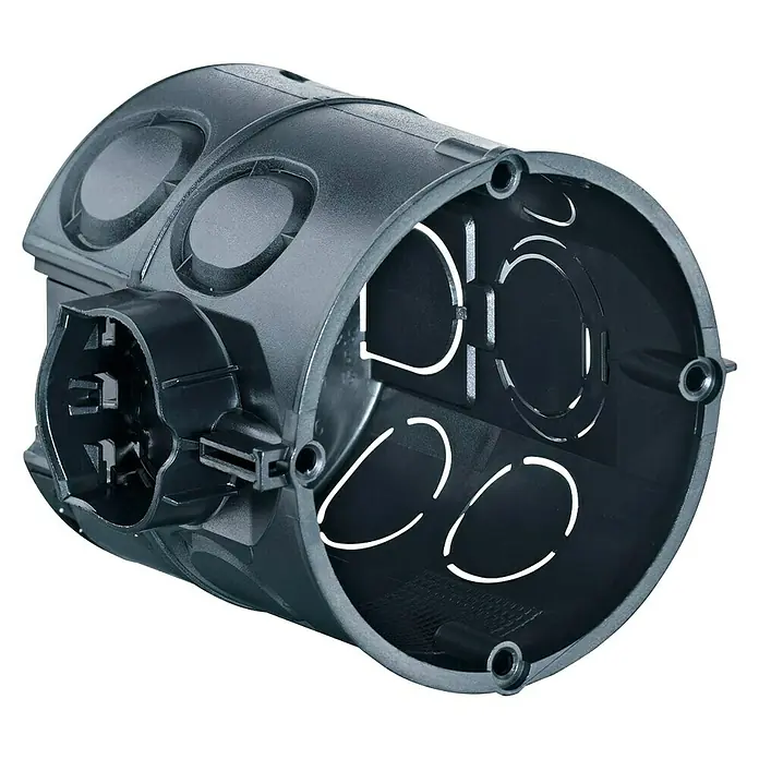 Kaiser Schalterdose 1555-04 - Ø x L: 60 x 65 mm, 1-fach, Schwarz, 25 Stk. - Ein schwarzer, runder Elektroinstallationskasten aus Kunststoff mit Aussparungen für Kabel und Befestigungslöchern.