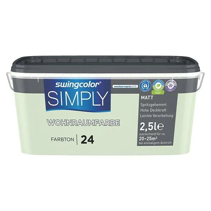 swingcolor Wandfarbe SIMPLY - Grün - Nr. 24, 2,5 l - Ein Eimer Swingcolor Simply Wohnraumfarbe Farbton 24 mit 2,5 Litern Inhalt, ideal für Innenräume.