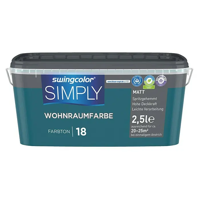 swingcolor Wandfarbe SIMPLY - Blau - Nr. 18, 2,5 l - Farbeimer Swingcolor Simply Wohnraumfarbe Farbton 18, matt, 2,5 Liter. Ideal für Innenräume, hohe Deckkraft, leichte Verarbeitung und spritzgehemmt.