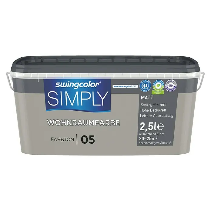 swingcolor Wandfarbe SIMPLY - Greige - Nr. 05, 2,5 l - Dose Swingcolor Simply Wohnraumfarbe, Farbton 05, matt, 2,5 l. Geeignet für ca. 20-25 m² bei einmaligem Anstrich, spritzgehemmt und leicht zu verarbeiten.