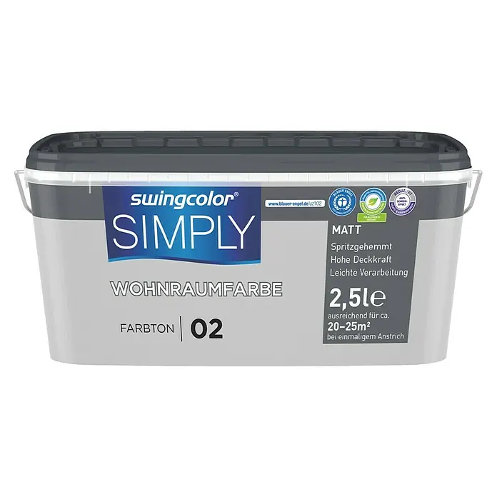 swingcolor Wandfarbe SIMPLY - Grau - Nr. 02, 2,5 l - Abbildung eines 2,5-Liter-Eimers Swingcolor Simply Wohnraumfarbe in Matt, Farbton 02, ideal für Innenräume mit hoher Deckkraft.