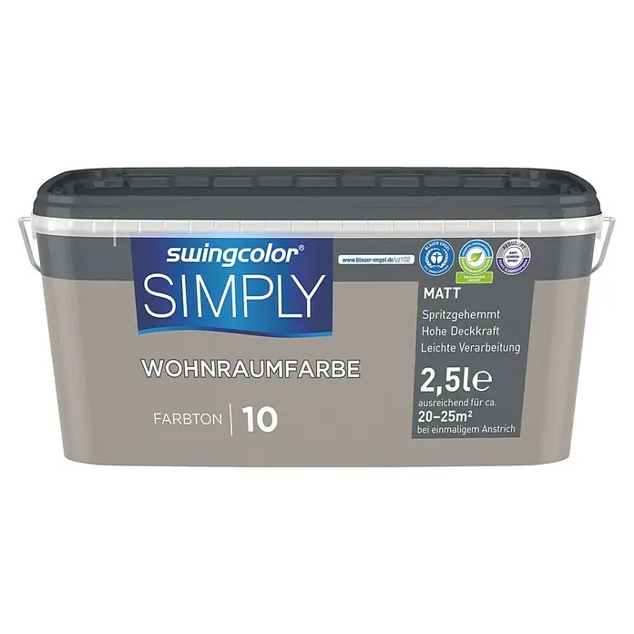 swingcolor Wandfarbe SIMPLY - Braun - Nr. 10, 2,5 l - Dose Swingcolor Simply Wohnraumfarbe Matt, Farbton 10, 2,5 Liter für den Innenbereich mit hoher Deckkraft und leichter Verarbeitung.