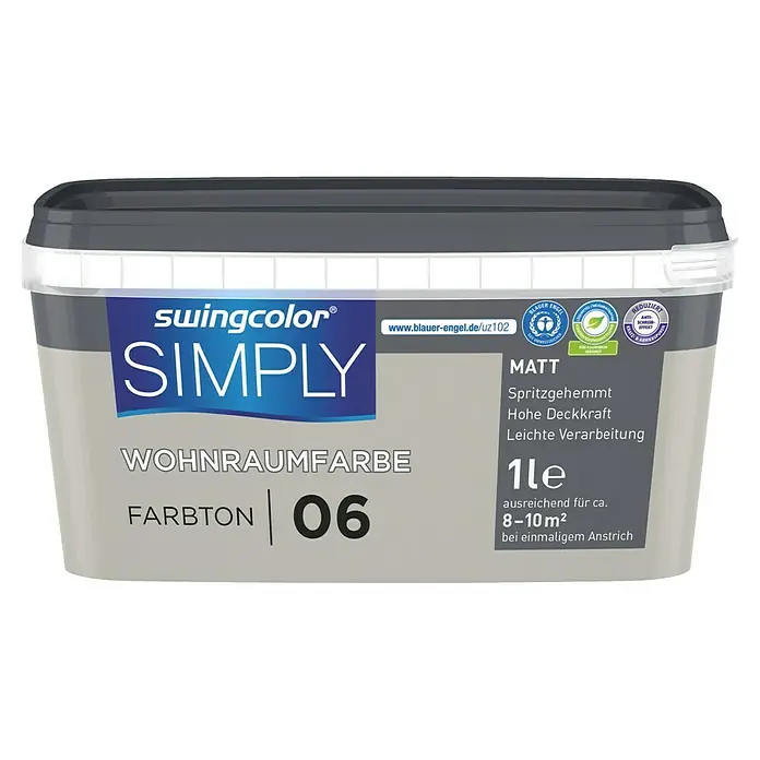 swingcolor Wandfarbe SIMPLY - Greige - Nr. 06, 1 l - Ein Eimer Swingcolor Simply Wandfarbe in Farbton 06. Die Farbe ist matt und ergiebig für 8-10 m² bei einmaligem Anstrich.