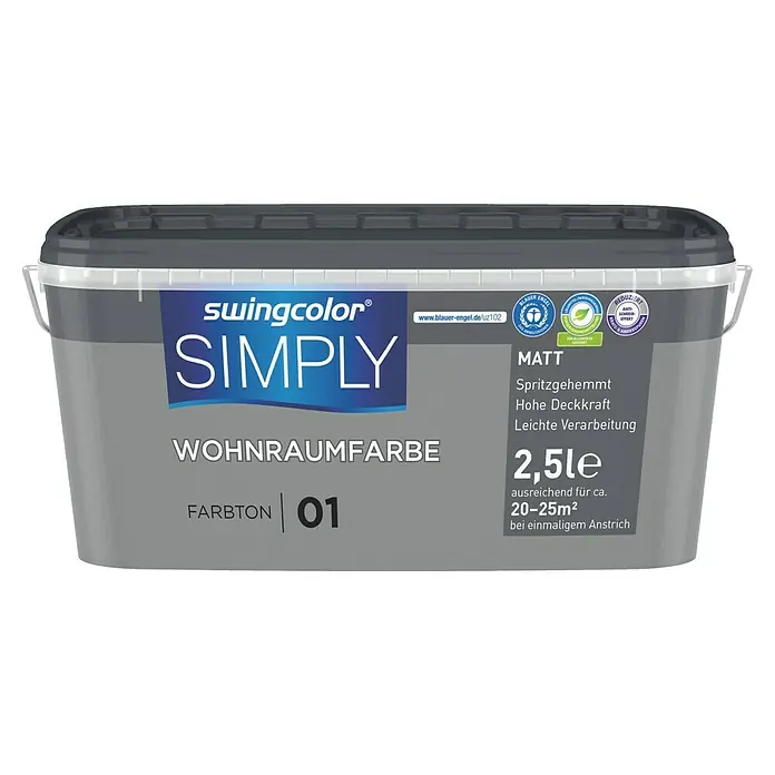 swingcolor Wandfarbe SIMPLY - Grau - Nr. 01, 2,5 l - Ein grauer Eimer Swingcolor Simply Wohnraumfarbe, Farbe 01, mit 2,5 Litern Inhalt, ideal für 20-25m² Wände, matt und spritzgehemmt.