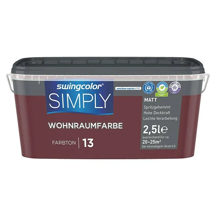 swingcolor Wandfarbe SIMPLY - Rot - Nr. 13, 2,5 l - Ein Eimer Swingcolor Simply Wohnraumfarbe Farbton 13, eine matte Innenfarbe für Wohnräume, mit einer Reichweite von 20-25 m².