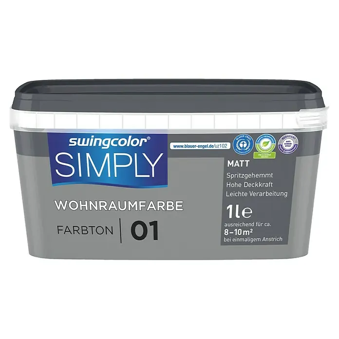 swingcolor Wandfarbe SIMPLY - Grau - Nr. 01, 1 l - Ein Eimer Swingcolor Simply Wohnraumfarbe in Matt, Farbton 01, ausreichend für 8-10 m². Sie ist spritzgehemmt und leicht zu verarbeiten.