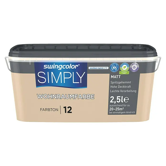 swingcolor Wandfarbe SIMPLY - Braun - Nr. 12, 2,5 l - Farbdose mit Swingcolor Simply Wohnraumfarbe, Farbton 12, matt, 2,5 Liter, für ca. 20-25 m² bei einmaligem Anstrich.