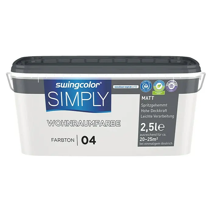 swingcolor Wandfarbe SIMPLY - Grau - Nr. 04, 2,5 l - Abbildung eines 2,5-Liter-Eimers Swingcolor Simply Wohnraumfarbe im Farbton 04. Die Farbe ist matt und für Innenräume geeignet.