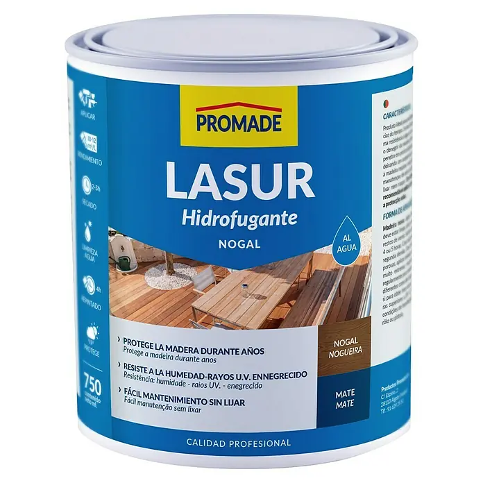 Promade Protección para madera Lasur al agua - Nogal, 750 ml, Mate - Bote de lasur para madera "Nogal" de Promade, hidrófugo, protege la madera durante años contra la humedad, los rayos UV y el ennegrecimiento.
