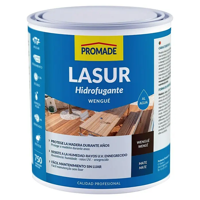 Promade Protección para madera Lasur al agua - Wengué, 750 ml, Mate - Bote de Promade Lasur Hydrofugante color Wengué, protector para madera de exterior, ideal para una protección duradera y fácil mantenimiento.