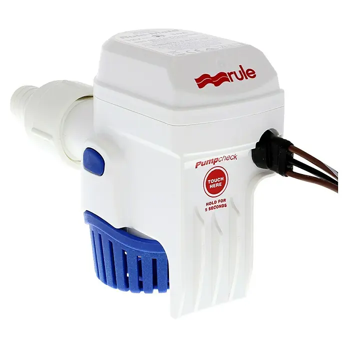 Rule Bomba de achique RM 500 - Capacidad de bombeo máx.: 2.850 l/h, 12 V - Esta imagen muestra una bomba de achique Rule Pumpcheck en blanco y azul, con el logo "Rule".