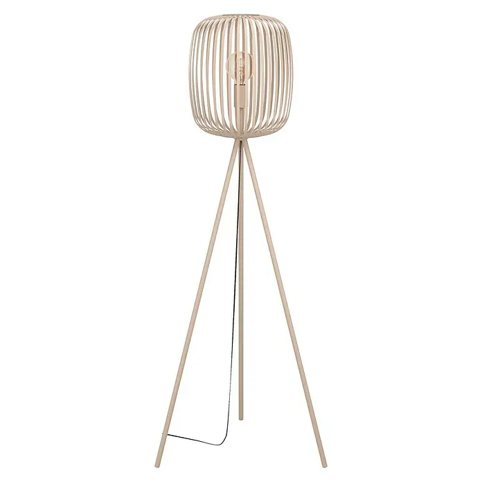 Eglo Romazzina Stehleuchte - 40 W, Höhe: 140,5 cm, Sand, E27 - Diese Aufnahme zeigt eine Stehlampe mit einem Lampenschirm aus hellen Holzstäben und einem Tripod-Gestell, die ein warmes, modernes Ambiente ausstrahlt.