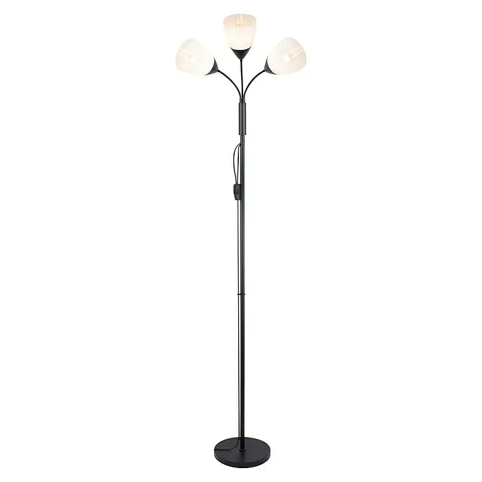 Lámpara de pie Nieves - 25 W, Altura: 179 cm, Negro, E27 - Elegante lámpara de pie con tres luces e interruptor en el poste. Las pantallas son de cristal mate, que difumina bien la luz.