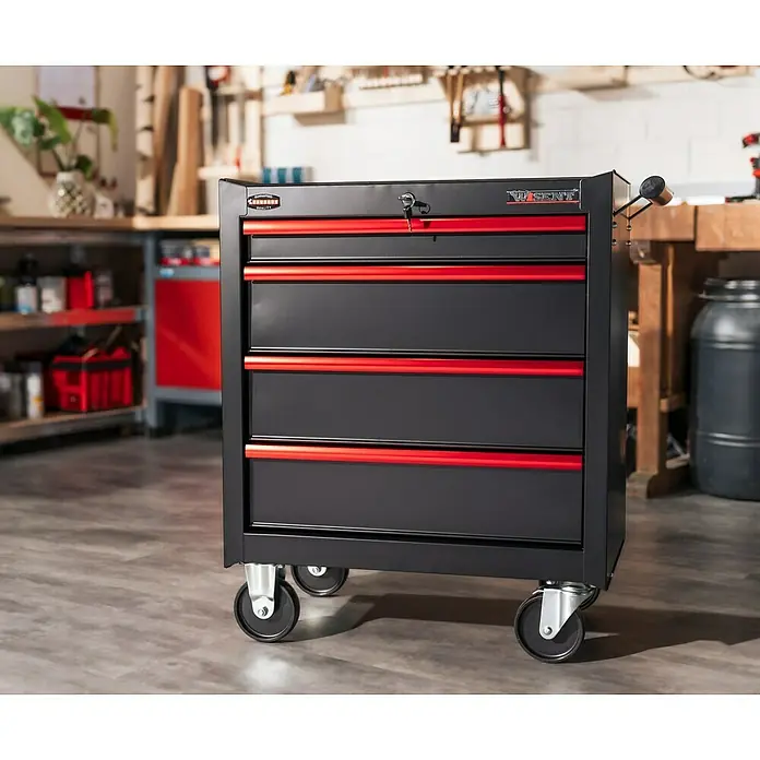 Wisent Werkstattwagen Red Edition - 45,9 x 67,8 x 84 cm, Metall, Ohne Werkzeug - Mobiler Werkzeugschrank in Schwarz mit roten Akzenten und Rollen. Ideal für Werkstatt oder Garage zur übersichtlichen Aufbewahrung von Werkzeugen.