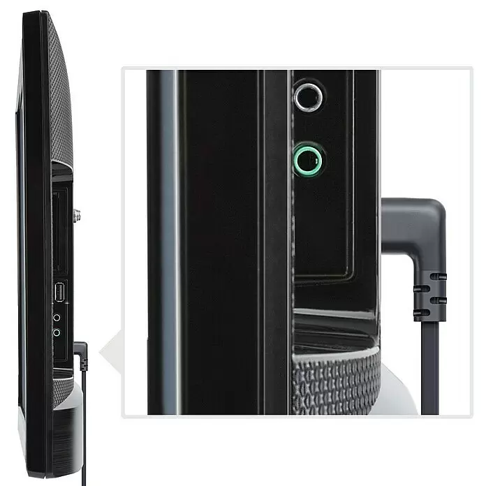 Hama Netzkabel 90° gewinkelt Doppelnut C7 - Weiß/Schwarz, Länge: 1,5 m, Eurostecker, 2,5 A - Seitenansicht eines schwarzen Flachbildschirms mit USB- und Audioanschlüssen. Ein schwarzes Winkelkabel ist angeschlossen.