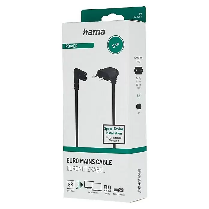 Hama Netzkabel 90° gewinkelt Doppelnut C7 - Schwarz, Länge: 3 m, Eurostecker, 2,5 A - Hama 3m schwarzes Euro-Netzkabel (Eurostecker zu C7), gewinkelt für platzsparende Installation, in Verkaufsverpackung.