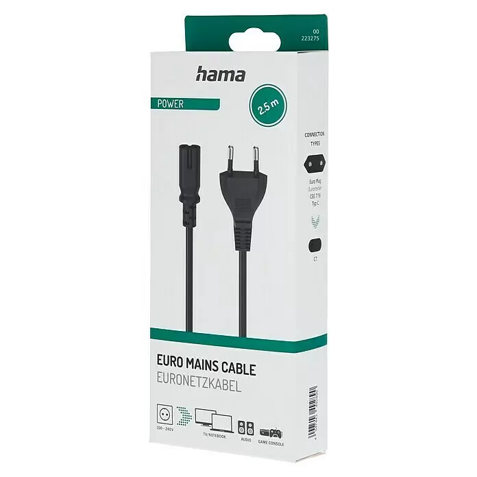 Hama Netzkabel - Weiß/Schwarz, Länge: 2,5 m, Eurostecker - Hama schwarzes 2,5m Euro-Netzkabel mit CEE 7/16 (Typ C) Eurostecker und C7-Kupplung für TV, Notebooks, Audio und Spielkonsolen.