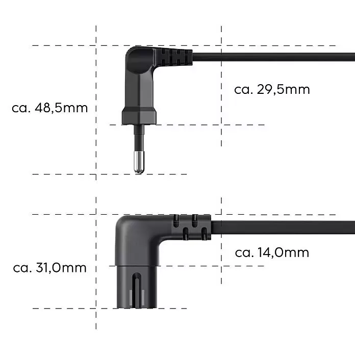 Hama Netzkabel 90° gewinkelt Doppelnut C7 - Weiß/Schwarz, Länge: 1,5 m, Eurostecker, 2,5 A - Zwei schwarze rechtwinklige Stecker mit detaillierten Abmessungen. Einer ist ein männlicher Stecker, der andere eine weibliche Buchse.