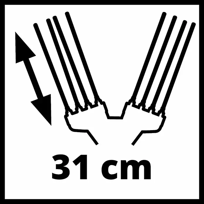 Einhell Vareador de olivas GE-FS 18/53 Li - 18 V, 1 batería, Anchura de trabajo: 53 cm - Imagen del producto que muestra el ancho de corte (31cm) y el ajuste para una mejor comprensión de las funciones.