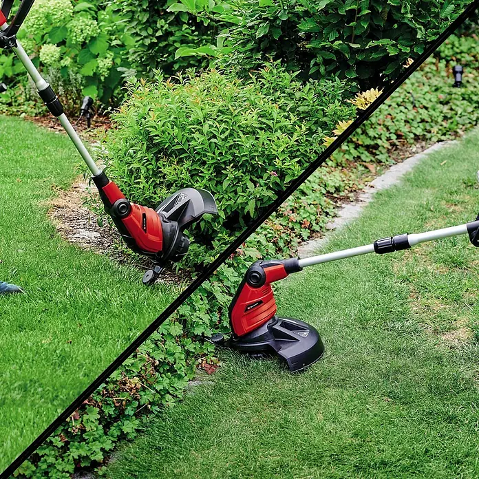 Einhell Recortabordes eléctrico GC-ET 4530 SET - 450 W, Ancho de corte hilo: 30 cm - Una vista dividida muestra un recortador de césped rojo y gris en acción, bordeando céspedes y arbustos, separados por una línea diagonal.
