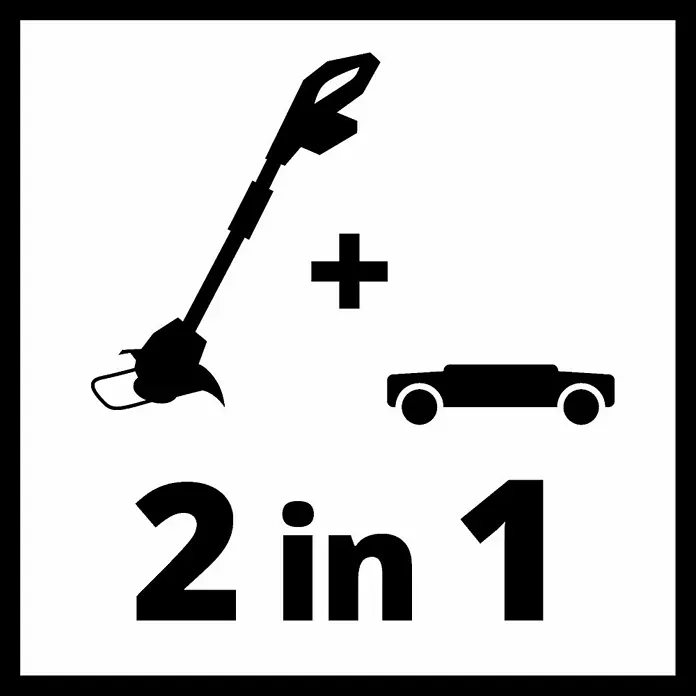 Einhell Power X-Change 18V Akku-Rasentrimmer GE-CT18/28LI TC-Solo - 18 V, Li-Ionen, Ohne Akku, Schnittbreite Faden: 28 cm - Symbol für ein 2-in-1-Produkt: ein Trimmer plus ein Auto, was auf Vielseitigkeit und Nutzen sowohl im Garten als auch im Fahrzeugbereich hindeutet.