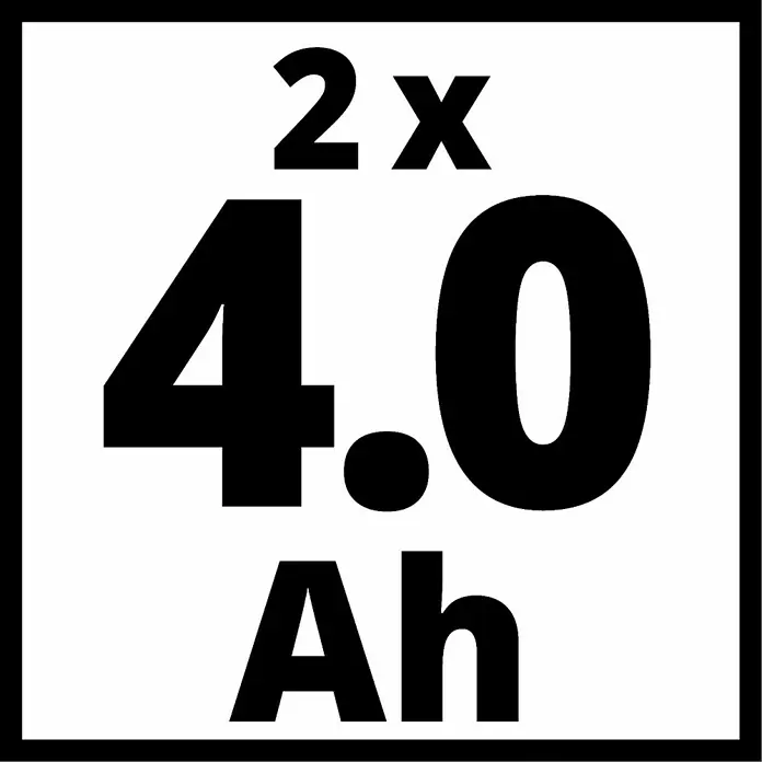 Einhell PXC 18V Cargador rápido Kit doble - 18 V, 2 baterías, 4 Ah - Imagen de una etiqueta que indica la capacidad de 2x 4.0 Ah para una batería, resaltada con letras negras en negrita sobre un fondo blanco.