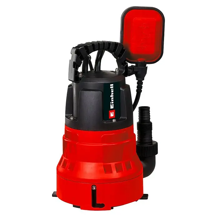 Einhell Bomba para aguas sucias GC-DP 7035 LL - 700 W, Capacidad de bombeo máx.: 16.000 l/h - Imagen de una bomba de agua sucia Einhell roja y negra con interruptor de flotador y asa de transporte.