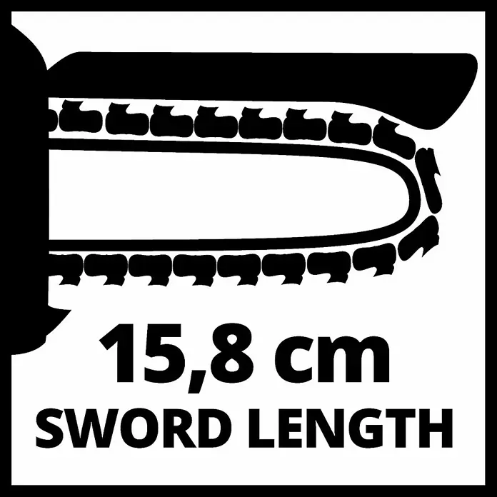 Einhell PXC 18V Motosierra de batería GE-PS18/15Li - 18 V, 4 Ah, Iones de litio, 1 batería, Longitud de la cuchilla: 15,8 cm - Imagen de una espada de motosierra indicando la longitud de 15,8 cm.