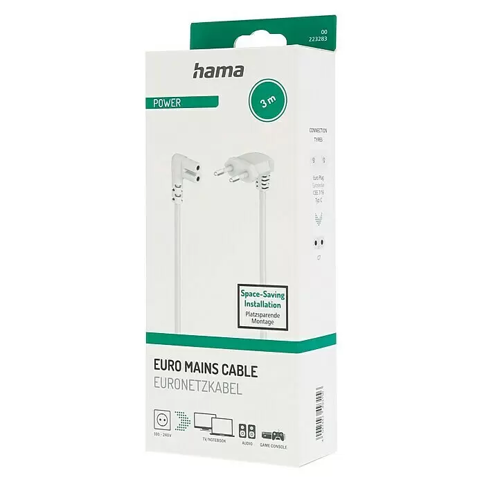 Hama Netzkabel 90° gewinkelt Doppelnut C7 - Weiß, Länge: 3 m, Eurostecker, 2,5 A - Weißes Hama 3m Euro-Netzkabel mit gewinkeltem Eurostecker und C7-Anschluss, in Verkaufspackung.