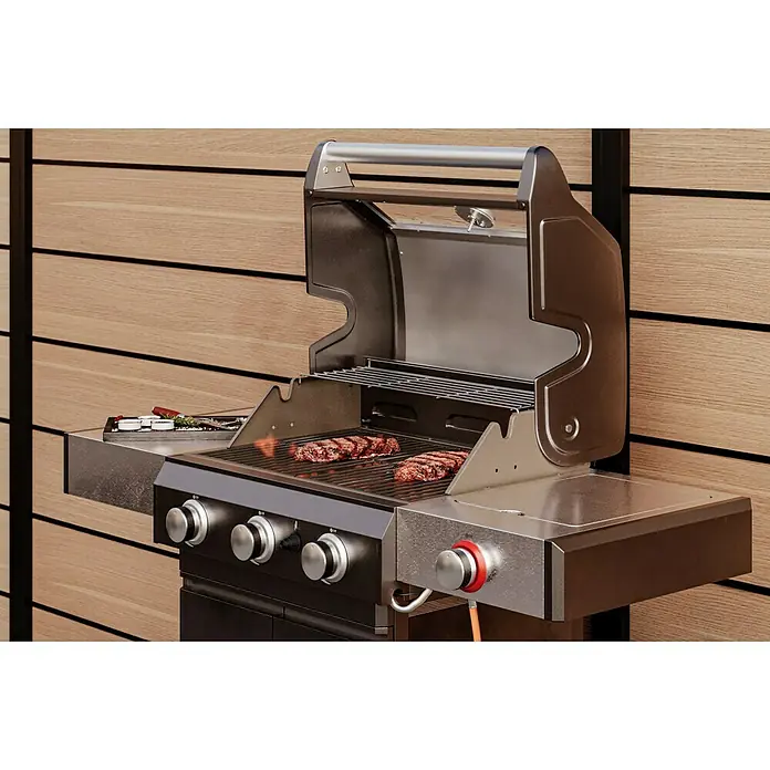 Grillstar Gasgrill Powerburner 350-1 - Grillfläche (B x T): 57 x 41 cm, 8,79 kW, Anzahl Brenner: 3 - Hochwertiger Grill mit Steaks auf dem Rost. Der Grill verfügt über Ablageflächen und einen robusten Aufbau für beste Grillergebnisse.