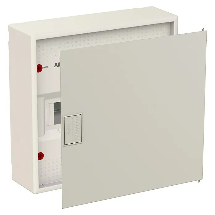ABB - Striebel & John Aufputz-Verteiler AK612N2 + Tür AZT610 - Anzahl Reihen: 1 Stk., 33,9 x 32,8 cm, Weiß, RAL 9016 - Ein weißer ABB-Elektroverteilerkasten mit einer teilweise geöffneten Tür für den Innenbereich, ideal für Wohn- und Gewerbegebäude.