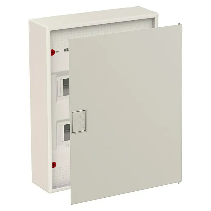 ABB - Striebel & John Aufputz-Verteiler AK624N3 + Tür AZT620 - Anzahl Reihen: 2 Stk., 33,9 x 45,3 cm, Weiß, RAL 9016 - Ein weißer ABB-Sicherungskasten mit geöffneter Tür, der die interne Verkabelung zeigt, ideal für elektrische Installationen und Schutz.