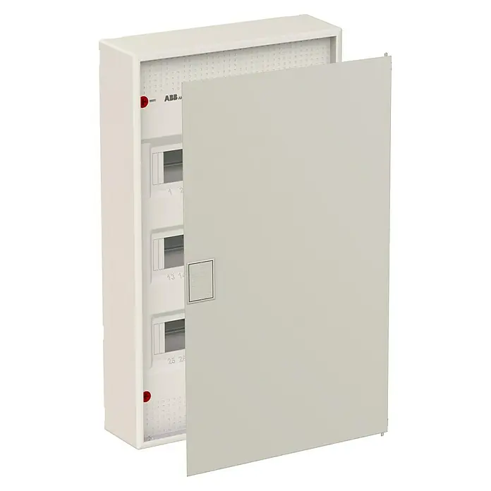 ABB - Striebel & John Aufputz-Verteiler AK636N3 + Tür AZT630 - Anzahl Reihen: 3 Stk., 33,9 x 57,8 cm, Weiß, RAL 9016 - Ein weißer ABB-Sicherungskasten mit offener Tür. Die Tür ist hellgrau und hat einen rechteckigen Griff in der Mitte.