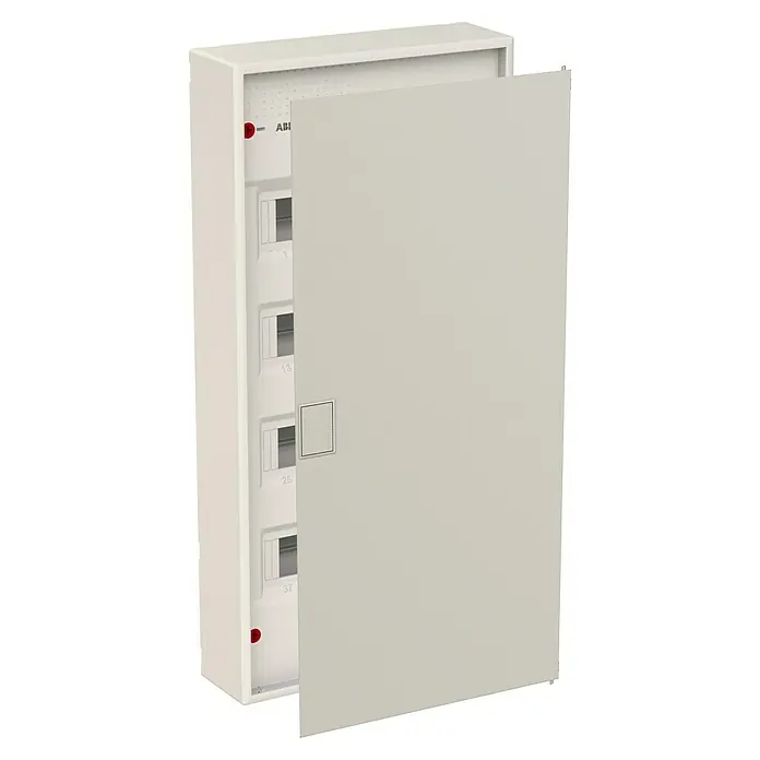 ABB - Striebel & John Aufputz-Verteiler AK648N4 + Tür AZT640 - Anzahl Reihen: 4 Stk., 33,9 x 70,3 cm, Weiß, RAL 9016 - Aufnahme eines geöffneten ABB Sicherungskastens in weiß, der die interne Verkabelung und die Schalter zeigt.
