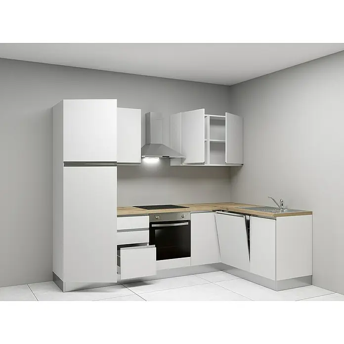 Marinelli Cucine Vormontierte Winkelküche Luce - B x T: 270 x 160 cm, Weiß, Mit Elektrogeräten, Spüle rechts - Moderne Küche mit weißen Schränken, einer Arbeitsplatte aus Holz und einem Edelstahlspülbecken, die Funktionalität und elegantes Design vereint.