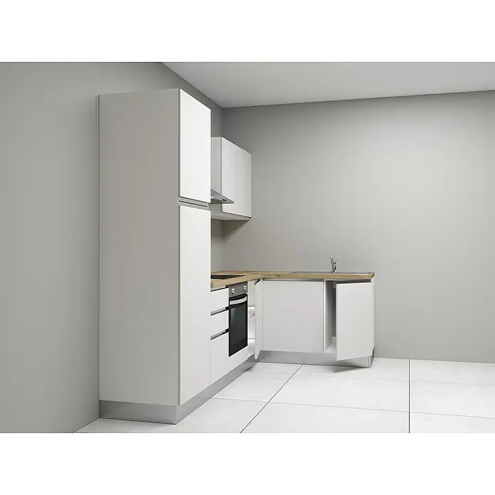Marinelli Cucine Vormontierte Winkelküche Luce - B x T: 270 x 160 cm, Weiß, Mit Elektrogeräten, Spüle rechts - Eine moderne, kompakte Küche in Weiß. Die Küchenzeile umfasst Hochschränke, Spüle und Unterschränke mit hellen Holzarbeitsplatten.
