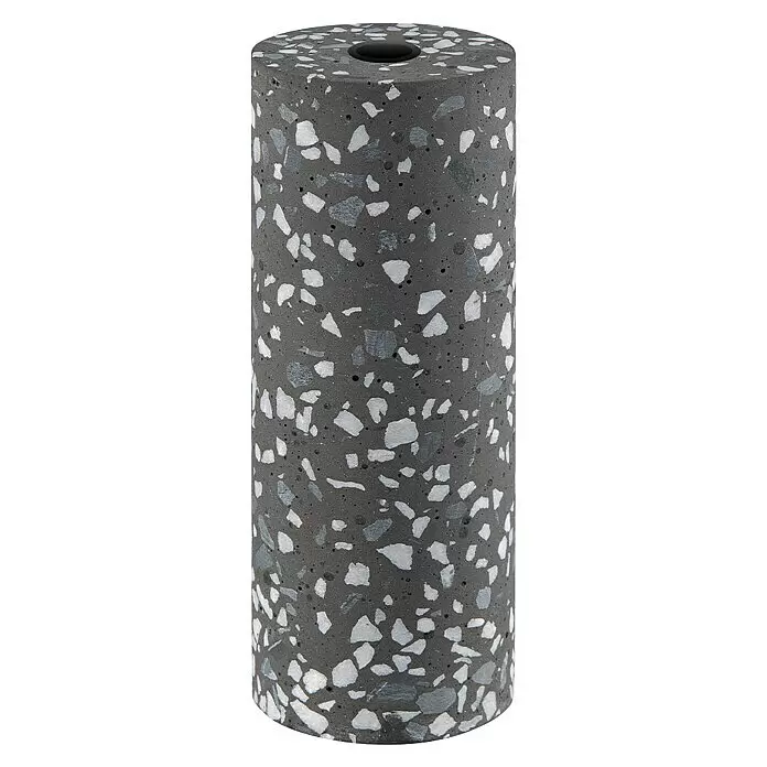 Home Sweet Home Lampenfassung - E27, Steinoptik, Naturstein, Ø x H: 5,2 x 14 cm - Dunkelgraue zylindrische Terrazzo-Vase mit weißen und hellgrauen Chips und einer schwarzen Öffnung oben.
