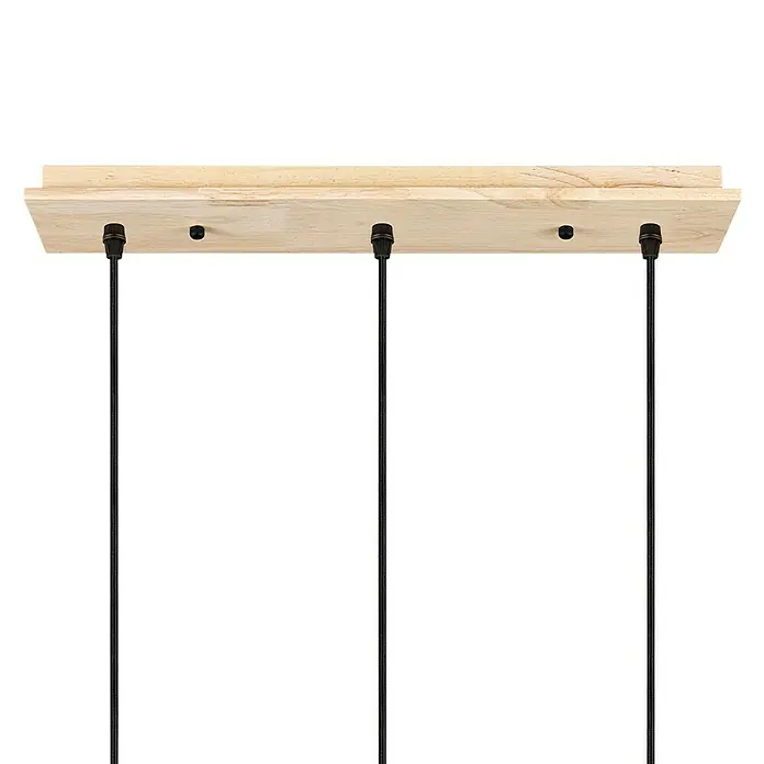 Home Sweet Home Lampenbaldachin - 3-fach, Holz Hellbraun, 9,5 x 47 cm - Nahaufnahme einer hölzernen Pendelleuchte mit drei schwarzen Kabeln, die von der Deckenhalterung herabhängen.