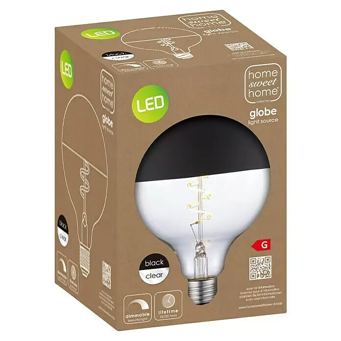 Home Sweet Home LED-Lampe Filament Classic Vintage Globe-Form - E27, Dimmbar, Neutralweiß, 280 lm, 4 W - LED-Globus-Glühbirne in brauner Verpackung, schwarz-klares Design, dimmbar, 25.000 Stunden Lebensdauer.
