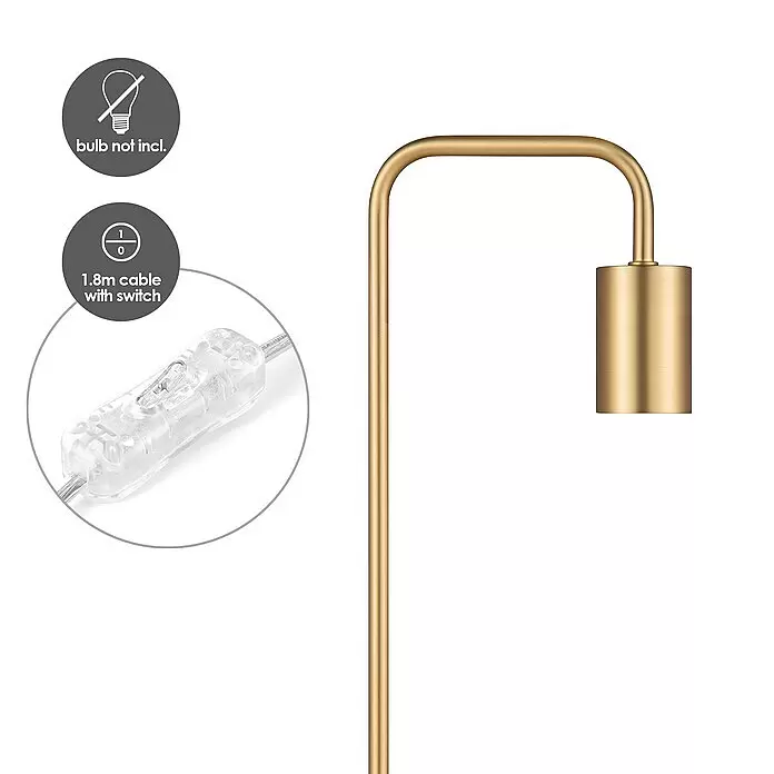 Deko-Tischleuchte Noble - 10 W, L x B x H: 20,3 x 40 x 20,3 cm, Gold - Goldene Metalllampe mit gebogenem Arm, zylindrischem Kopf und transparentem Kabelschalter an einem 1,8m Kabel. Leuchtmittel nicht enthalten.