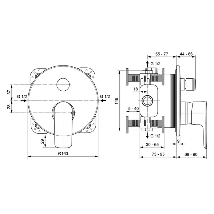 Ideal Standard Connect Air UP-Badewannenarmatur - Chrom, Glänzend - Technische Zeichnung einer Duscharmatur mit Maßangaben und Anschlüssen G 1/2.