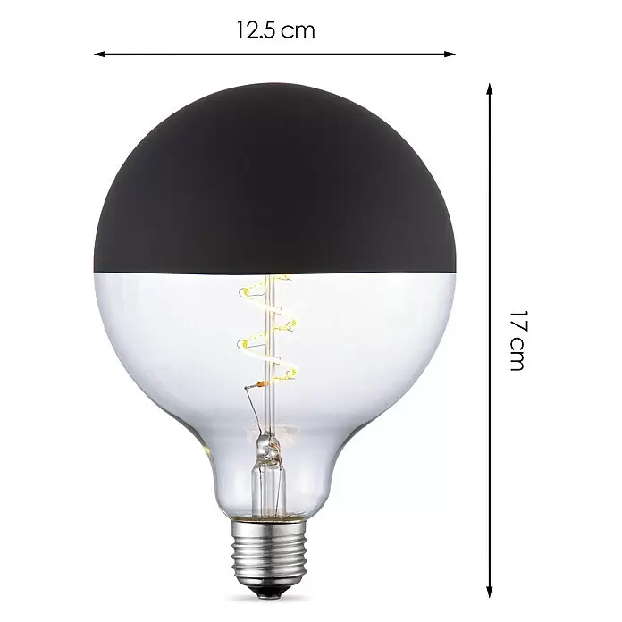 Home Sweet Home LED-Lampe Filament Classic Vintage Globe-Form - E27, Dimmbar, Neutralweiß, 280 lm, 4 W - Große Kugelglühbirne mit schwarzer oberer Hälfte, klarer Glasunterseite, sichtbarem Spiralfilament und Schraubsockel.
