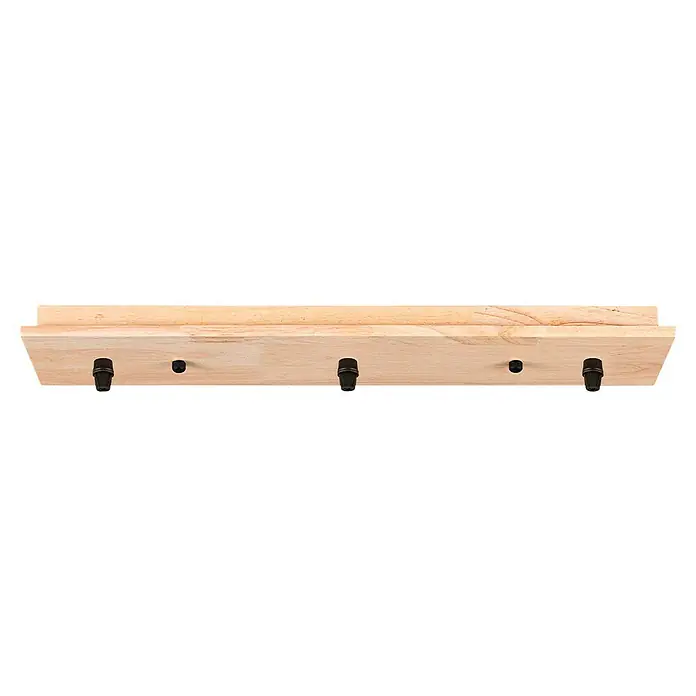Home Sweet Home Lampenbaldachin - 3-fach, Holz Hellbraun, 9,5 x 47 cm - Ein heller, hölzerner Garderobenständer mit vier schwarzen Haken, ideal zur Aufbewahrung von Jacken und Accessoires.