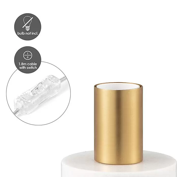 Deko-Tischleuchte Sten - 10 W, L x B x H: 10 x 9 x 9 cm, Gold - Goldene zylindrische Lampe mit Marmorfuß, 1,8m Kabel und Schalter. Leuchtmittel nicht enthalten.