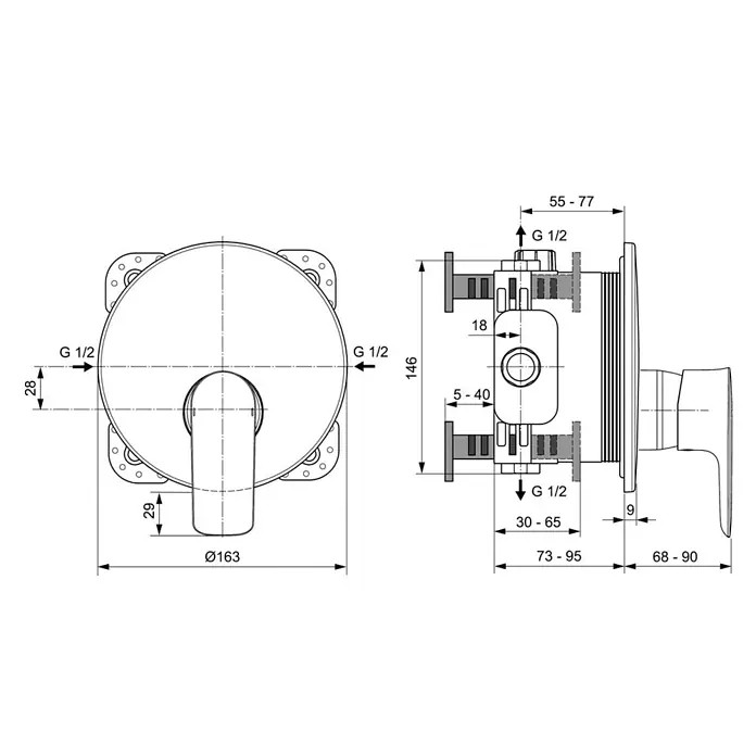 Ideal Standard Connect Air UP-Brausearmatur - Chrom, Glänzend - Technische Zeichnung einer Unterputz-Thermostatbatterie mit Maßangaben für Installation und Anschluss.