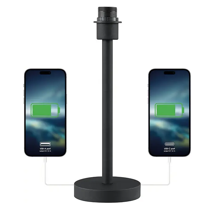 Home Sweet Home Lampenfuß Charge 39 - 10 W, Höhe: 39 cm, Schwarz, Edelstahl, E27 - Eine moderne, schwarze Tischleuchte mit integrierten USB-A- und USB-C-Anschlüssen zum Aufladen von Geräten.