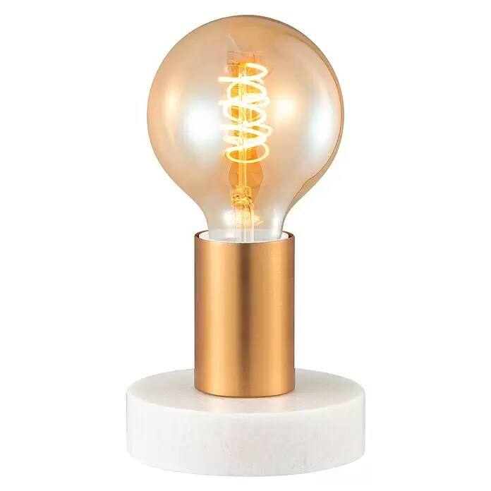 Deko-Tischleuchte Sten - 10 W, L x B x H: 10 x 9 x 9 cm, Gold - Moderne Tischlampe mit goldenem Zylinderfuß, weißem Marmorsockel und einer bernsteinfarbenen Spiralfadenlampe.