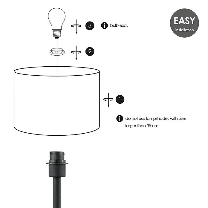 Home Sweet Home Lampenfuß Charge 39 - 10 W, Höhe: 39 cm, Schwarz, Edelstahl, E27 - Eine schematische Darstellung einer Lampeninstallation mit den Schritten 1, 2 und 3 und der Aufschrift "EASY installation".