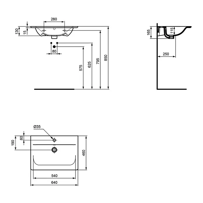 Ideal Standard Connect Air Einbauwaschbecken - 64 x 46 cm, Ohne Spezialglasur, Hahnloch: Mitte, Mit Überlauf, Weiß - Technische Zeichnung eines Waschtisches mit Maßangaben für Installation und Design.